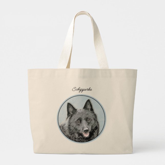 Schipperke Painting Black Cute Original Dog Art Large Tote Bag (Back)