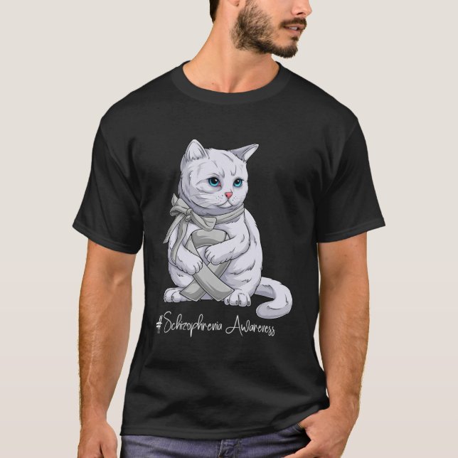 Schizophrenia Awareness Month Silver Ribbon Cat T-Shirt (Front)