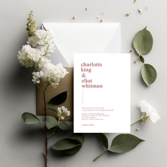 Schlicht modern Weiß, Braun einladung Invitation (Modern, simple, white wedding invitation with brown font.)