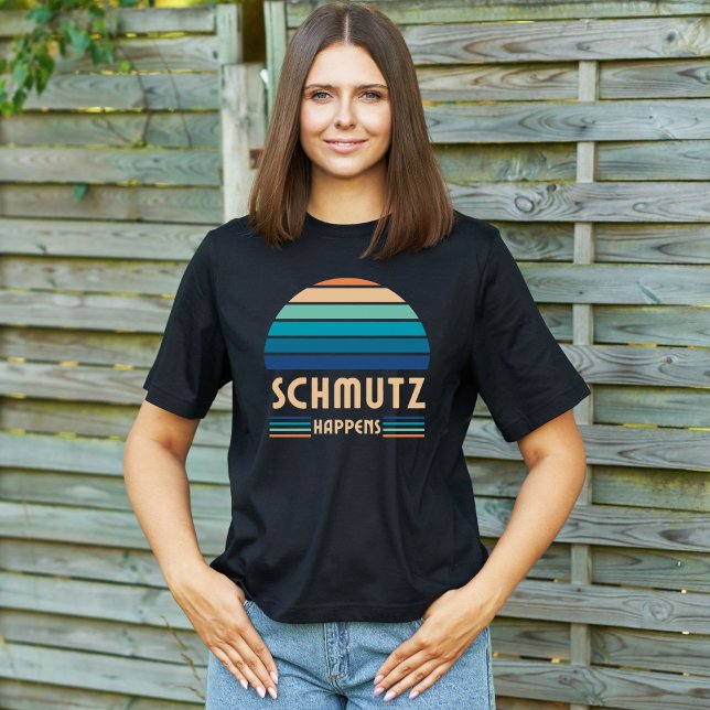 Schmutz Happens, Funny Yiddish, Retro Sunset  T-Shirt (Creator Uploaded)