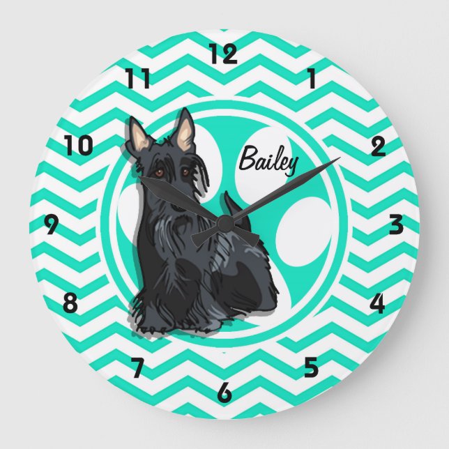 Schnauzer; Aqua Green Chevron Large Clock (Front)