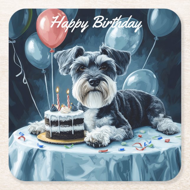 Schnauzer Birthday Square Paper Coaster (Front)