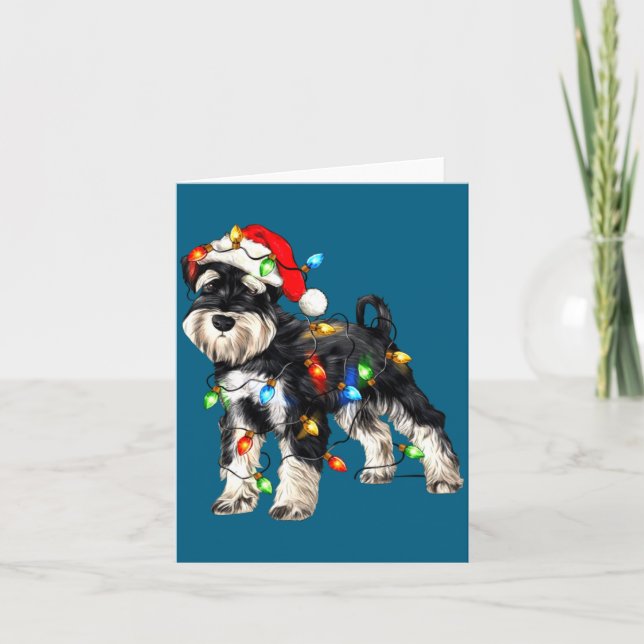 Schnauzer Christmas Dog Christmas Lights Santa Hat Card (Front)