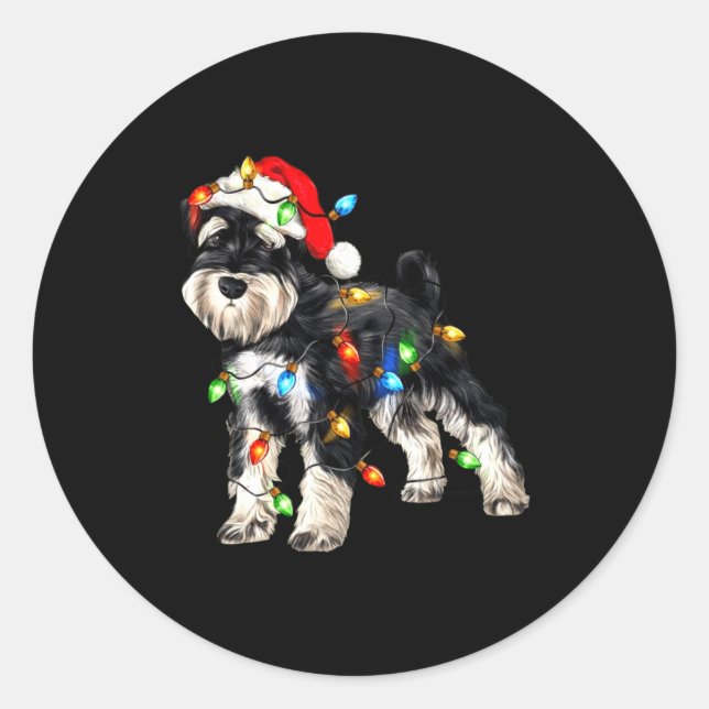 Schnauzer Christmas Dog Christmas Lights Santa Hat Classic Round Sticker (Front)