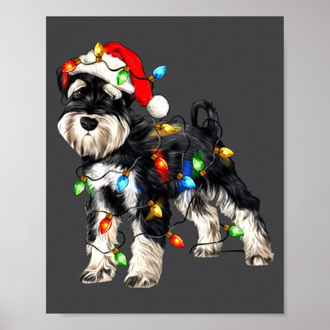 Schnauzer Christmas Dog Christmas Lights Santa Hat Poster (Front)