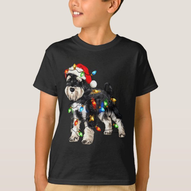 Schnauzer Christmas Dog Christmas Lights Santa Hat T-Shirt (Front)