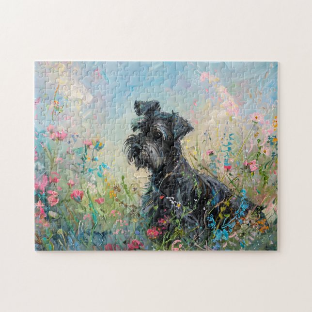 Schnauzer Colourful Wildflowers Jigsaw Puzzle (Horizontal)