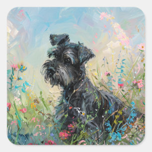 Schnauzer Colourful Wildflowers Square Sticker