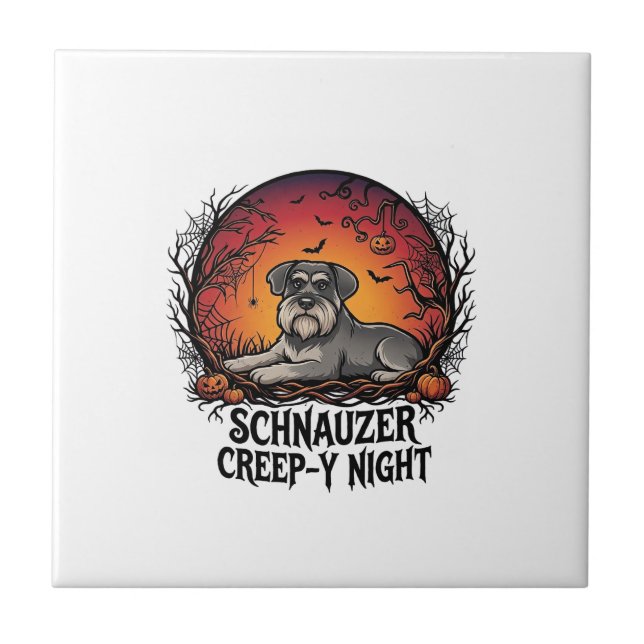 Schnauzer Creep Night Halloween Pumpkins Bats_1 Tile (Front)