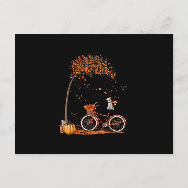 Schnauzer Dog and Pumpkins Bicycle Autumn Leaf Postcard (Front)