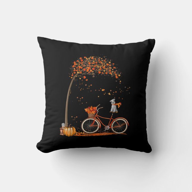 Schnauzer Dog and Pumpkins Bicycle Autumn Leaf Throw Pillow (Front)