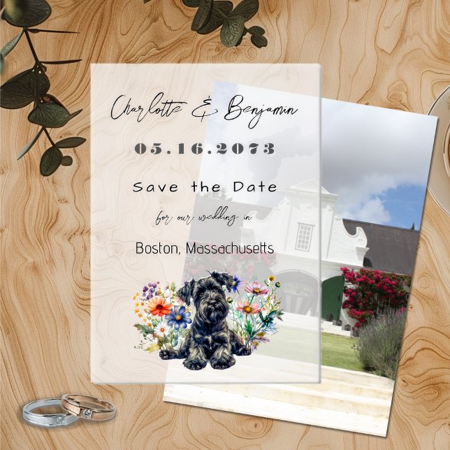Schnauzer Dog and Wildflowers Save the Date Vellum Invitations (Creator Uploaded)