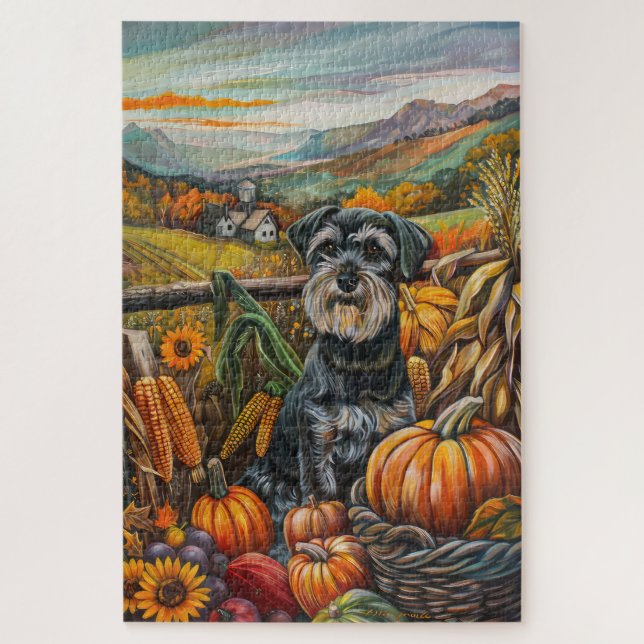 Schnauzer Dog Autumn Harvest Thanksgiving Jigsaw Puzzle (Vertical)