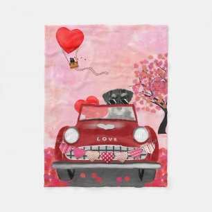 Schnauzer Dog Car with Hearts Valentine's Fleece Blanket