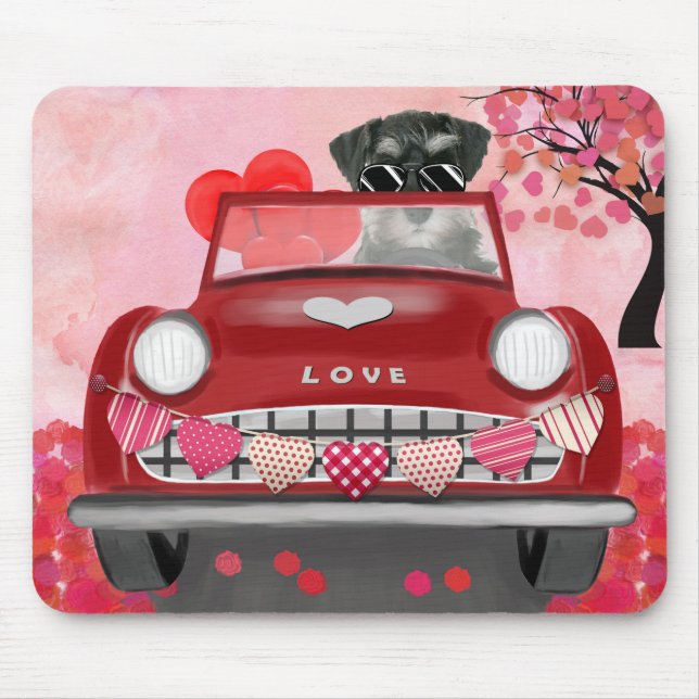 Schnauzer Dog Car with Hearts Valentine's  Mouse Pad (Front)