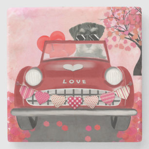 Schnauzer Dog Car with Hearts Valentine's Stone Coaster