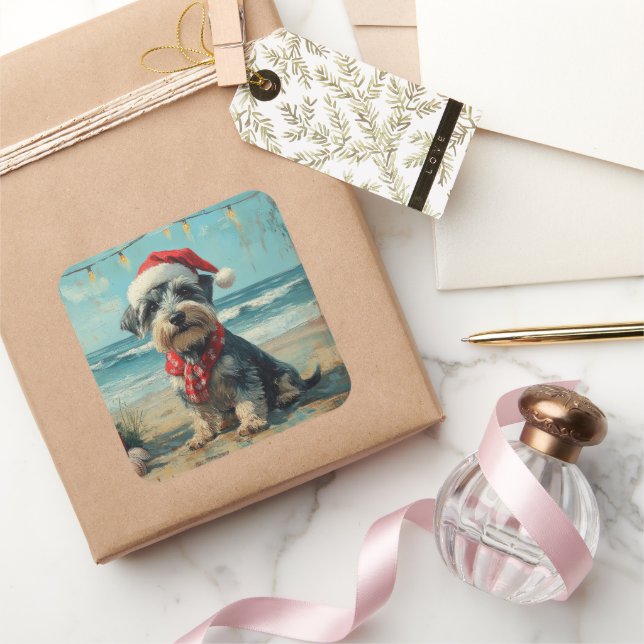 Schnauzer Dog Christmas Vintage Beach Square Sticker (Gifting)