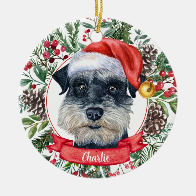 Schnauzer Dog Custom Santa Hat Christmas Ornament (Front)