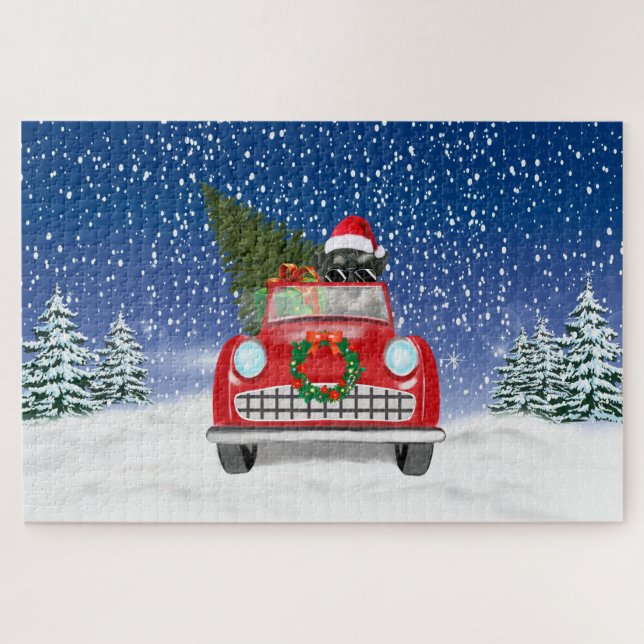 Schnauzer Dog Driving Car In Snow Christmas Jigsaw Puzzle (Horizontal)