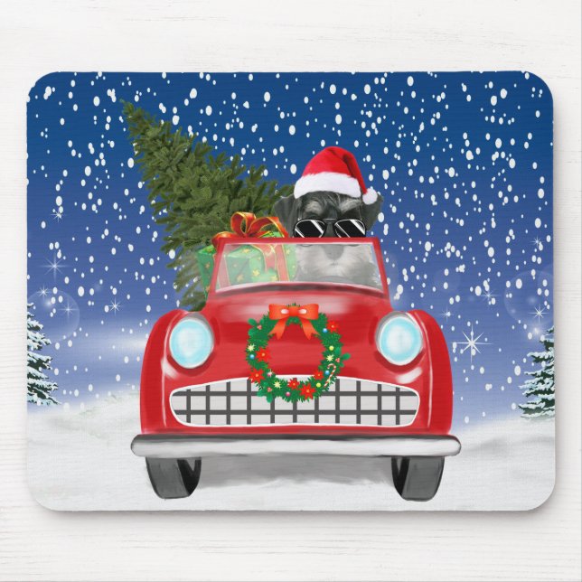 Schnauzer Dog Driving Car In Snow Christmas  Mouse Pad (Front)