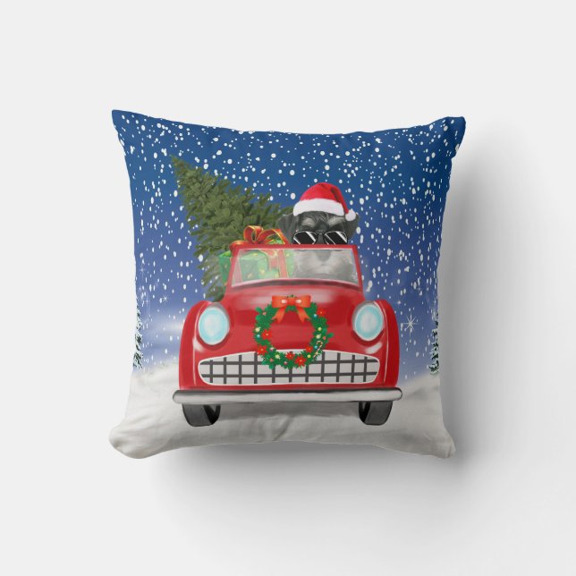 Schnauzer Dog Driving Car In Snow Christmas Throw Pillow (Front)