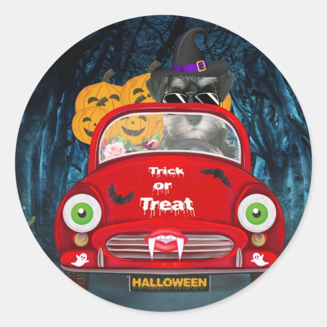 schnauzer Dog Driving Car Scary Halloween  Classic Round Sticker (Front)
