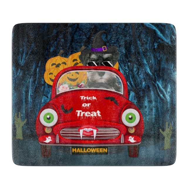 schnauzer Dog Driving Car Scary Halloween  Cutting Board (Front)