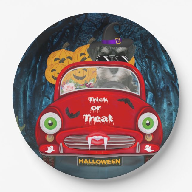 schnauzer Dog Driving Car Scary Halloween  Paper Plate (Front)