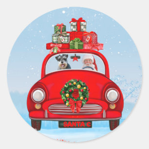 schnauzer Dog In Car With Santa Claus  Classic Round Sticker