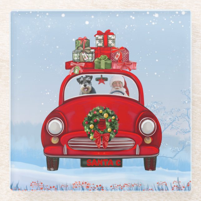 schnauzer Dog In Car With Santa Claus Glass Coaster (Front)