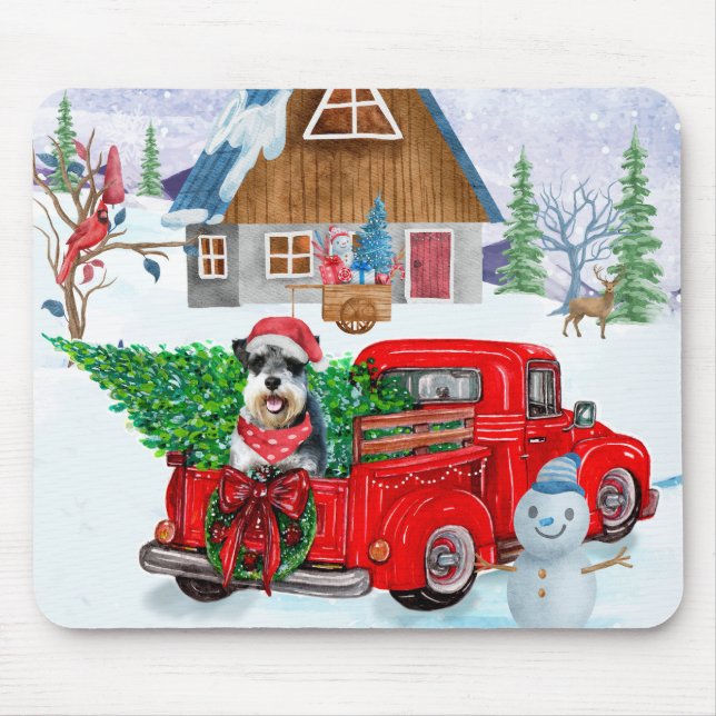 Schnauzer Dog In Christmas Delivery Truck Snow Mouse Pad (Front)