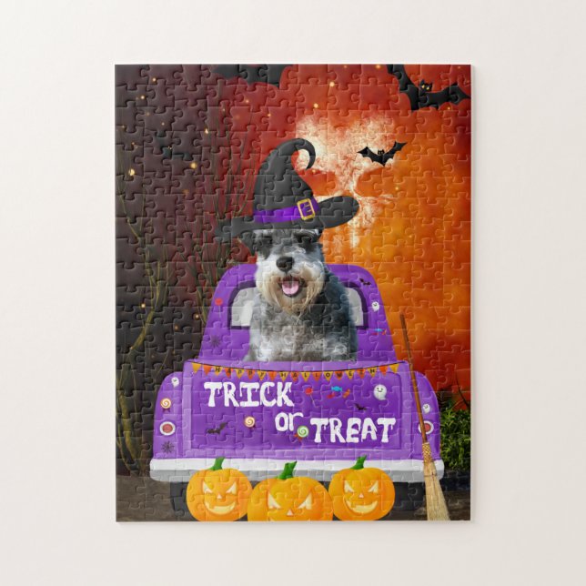 schnauzer Dog in Halloween Truck Jigsaw Puzzle (Vertical)