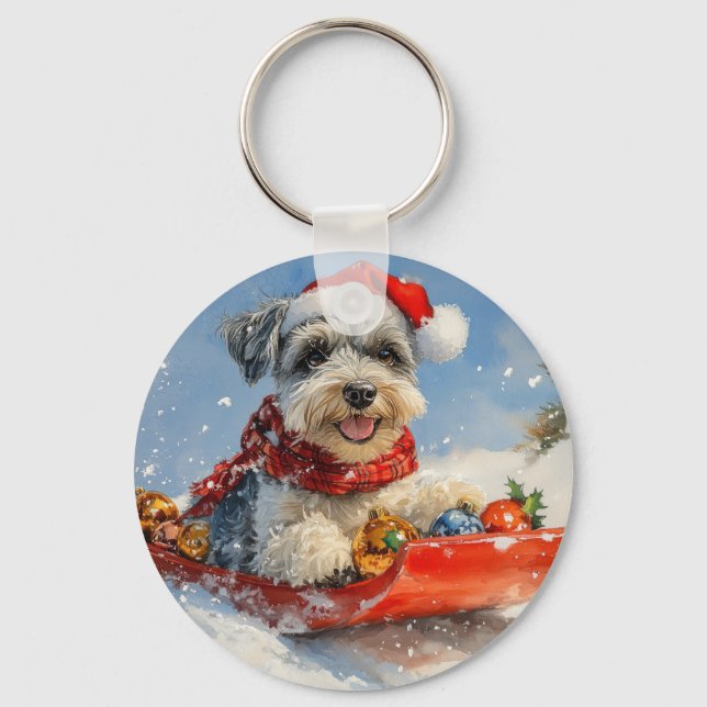 Schnauzer Dog in Sledge Let it Snow Christmas Keychain (Front)