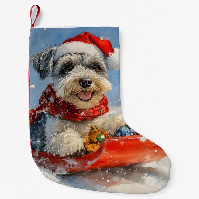 Schnauzer Dog in Sledge Let it Snow Christmas Small Christmas Stocking (Front)
