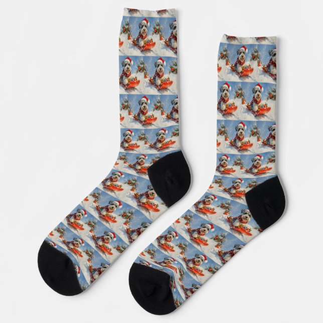 Schnauzer Dog in Sledge Let it Snow Christmas Socks (Left)
