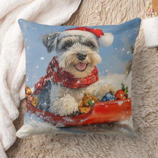 Schnauzer Dog in Sledge Let it Snow Christmas Throw Pillow (Blanket)