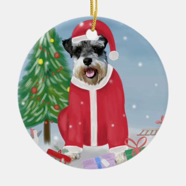 Schnauzer Dog in Snow Christmas  Ceramic Ornament (Front)