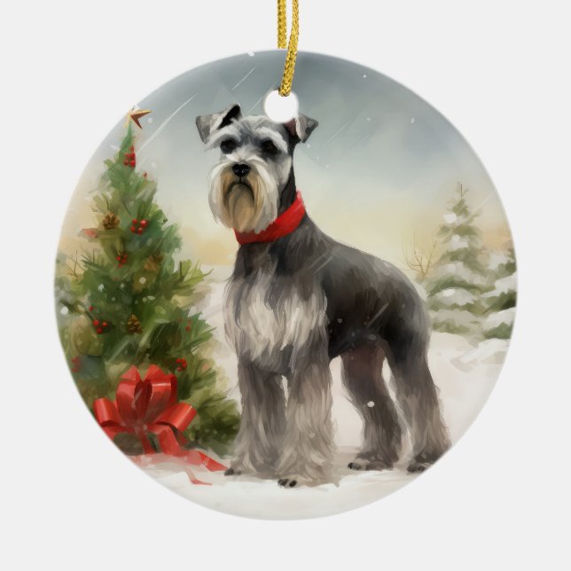 Schnauzer Dog in Snow Christmas Ceramic Ornament (Front)