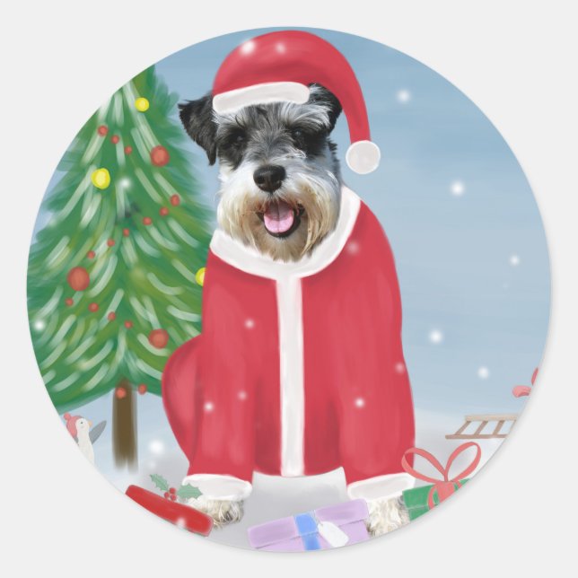Schnauzer Dog in Snow Christmas  Classic Round Sticker (Front)