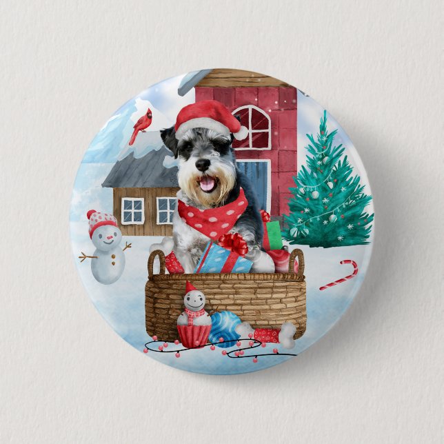 Schnauzer Dog In snow Christmas Dog House 2 Inch Round Button (Front)