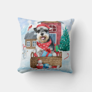 Schnauzer Dog In snow Christmas Dog House Throw Pillow