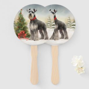 Schnauzer Dog in Snow Christmas Hand Fan