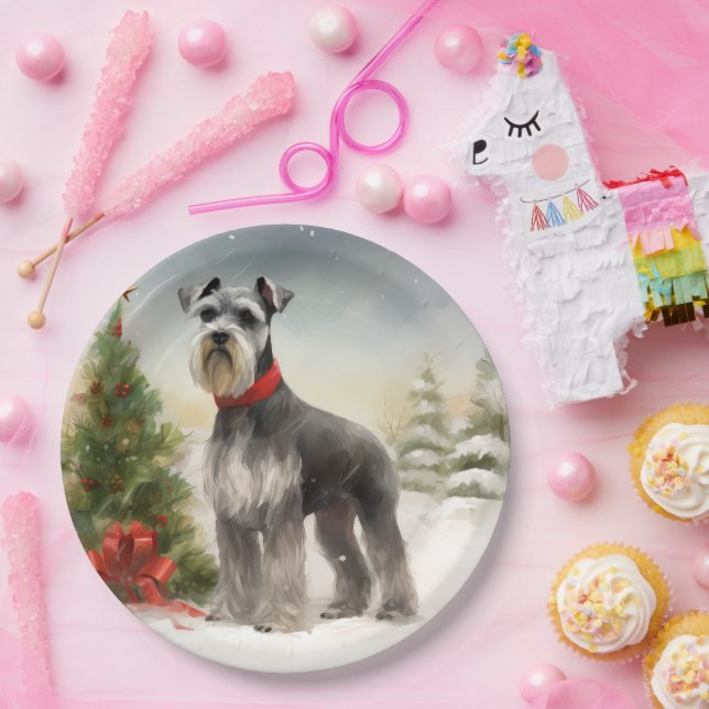 Schnauzer Dog in Snow Christmas Paper Plate (Party)