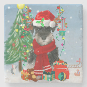Schnauzer Dog in Snow Christmas Stone Coaster