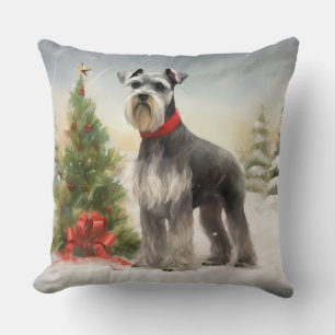 Schnauzer Dog in Snow Christmas Throw Pillow