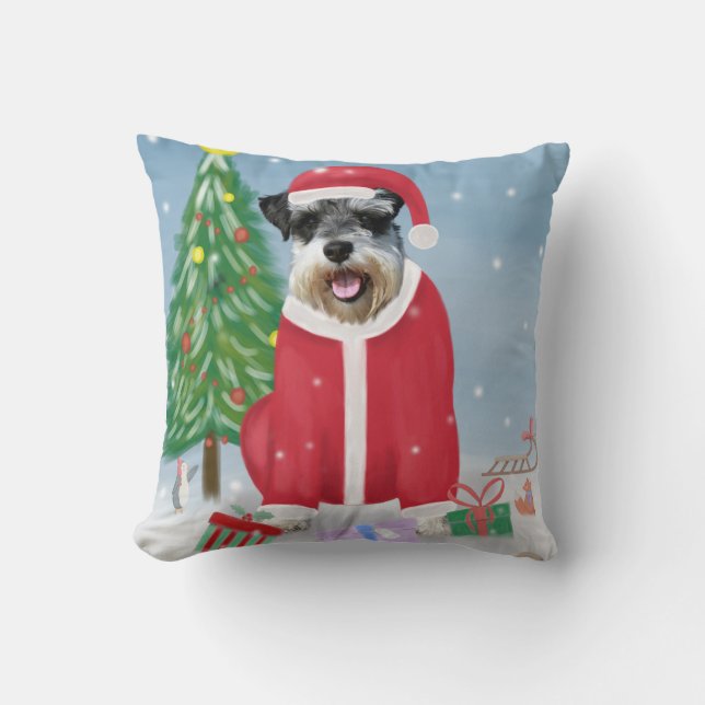 Schnauzer Dog in Snow Christmas Throw Pillow (Front)