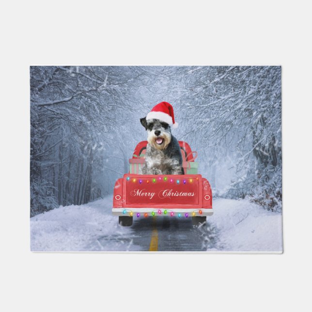 Schnauzer Dog in Snow sitting in Christmas Truck  Doormat (Front)