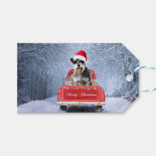  Schnauzer Dog in Snow sitting in Christmas Truck  Gift Tags