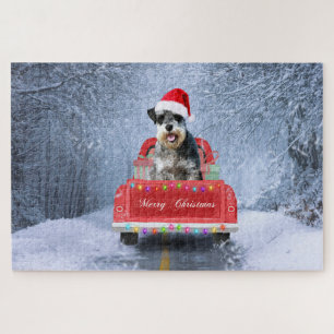  Schnauzer Dog in Snow sitting in Christmas Truck  Jigsaw Puzzle