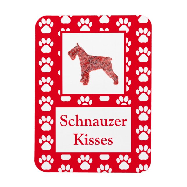 Schnauzer Dog Kisses Silhouette in Cute Red Grid Magnet (Vertical)
